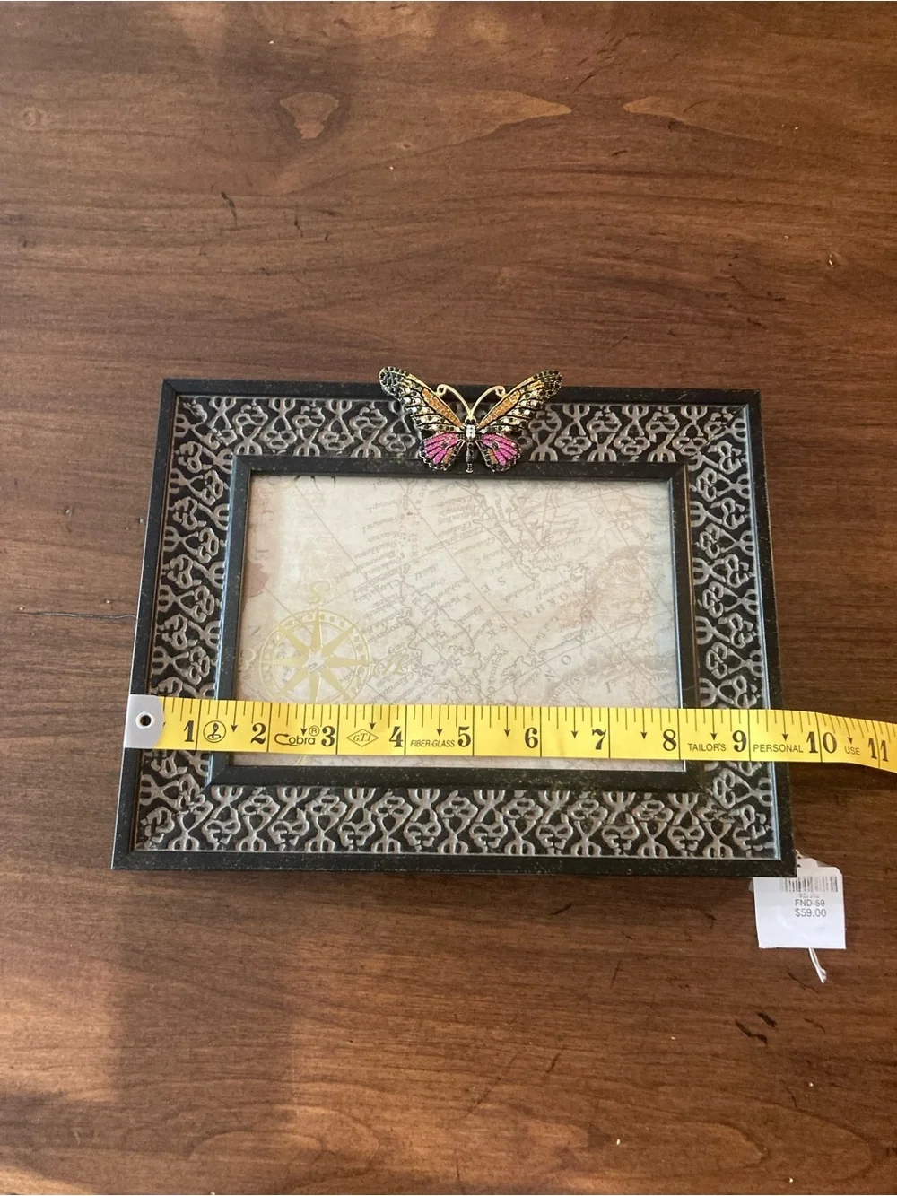 Carved Black Picture Frame with Pink and Gold jeweled Butterfly Accent